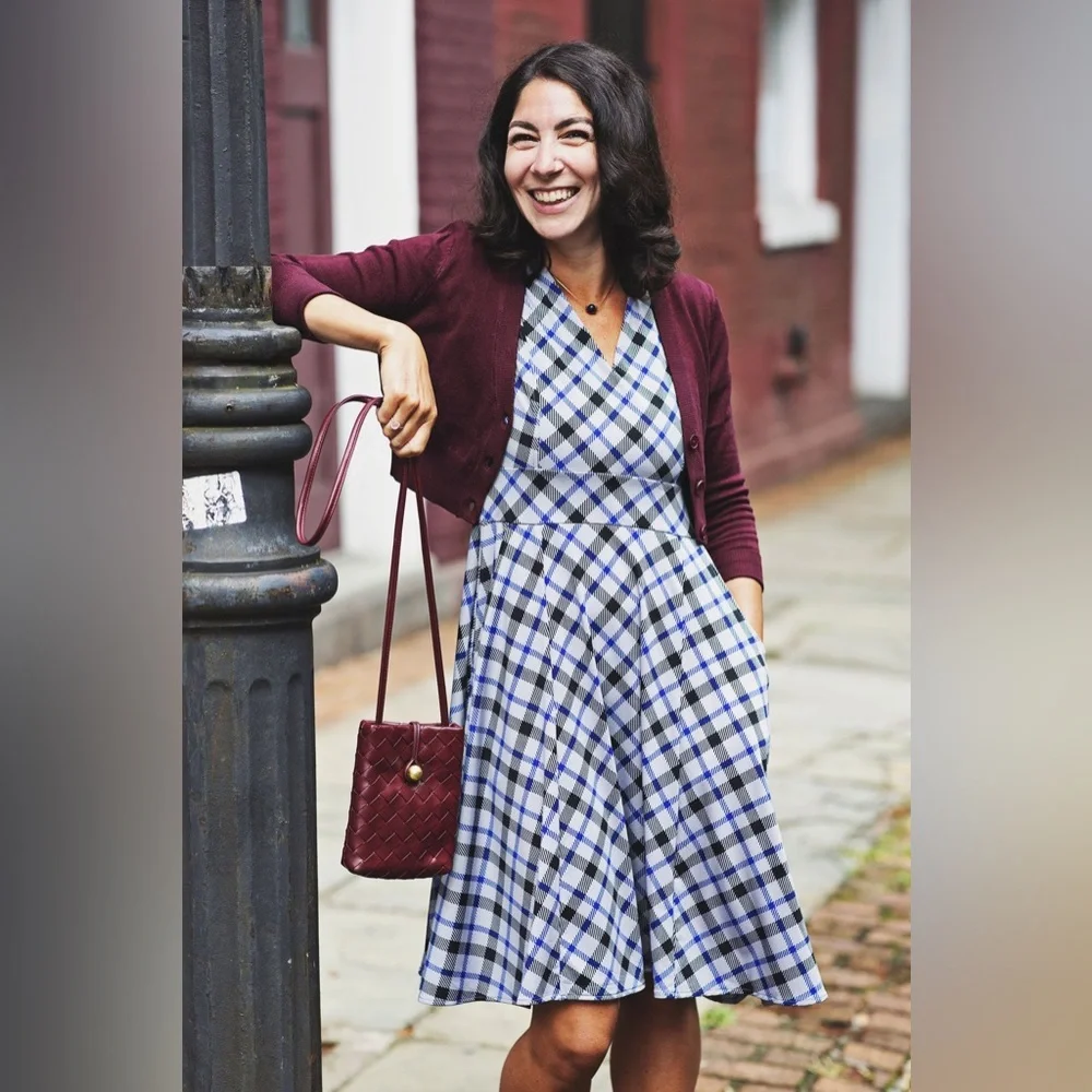 Karina Cece Dress - Navy & Gray Plaid with Pockets - Picture 4 of 14